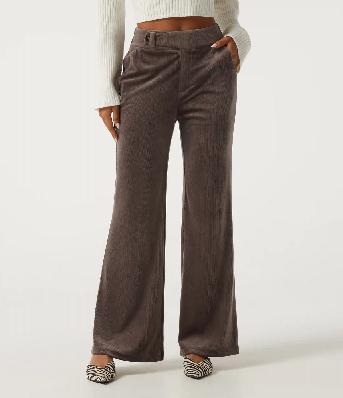 High Waisted Tummy Control Asymmetric Flare Corduroy Casual Pants with Pockets