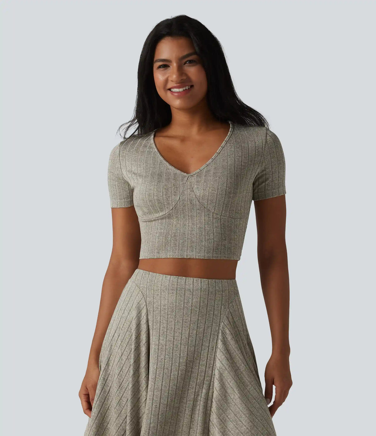 Ribbed Knit V Neck Short Sleeve Cropped Casual T-Shirt