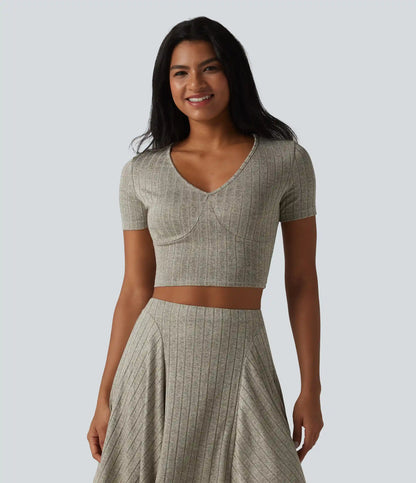 Ribbed Knit V Neck Short Sleeve Cropped Casual T-Shirt