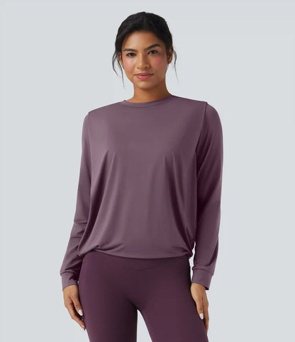Round Neck Long Sleeve Ruched Yoga Sports Top-UPF50+