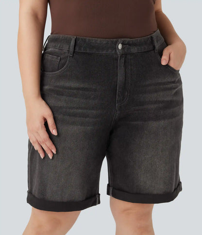 Halara Flex™ High Waisted Multiple Pockets Rolled Hem Washed Stretchy Knit Denim Casual Plus Size Bermuda Shorts