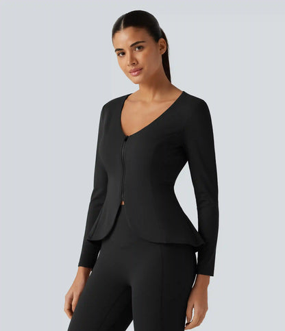 SoftlyZero™ Plush V Neck Long Sleeve Slim Ruffle Hem Yoga Jacket with Pockets