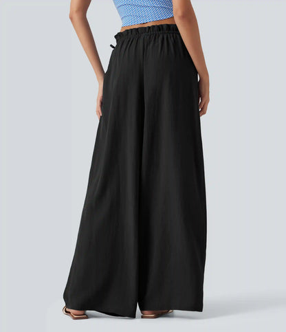 Frill Trim Mid Rise Drawstring Casual Linen-Blend Baggy Flowy Pants with Pockets