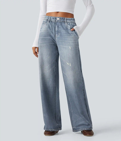 Mid Rise Denim Print French Terry Casual Sweatpants Jeans with Pockets
