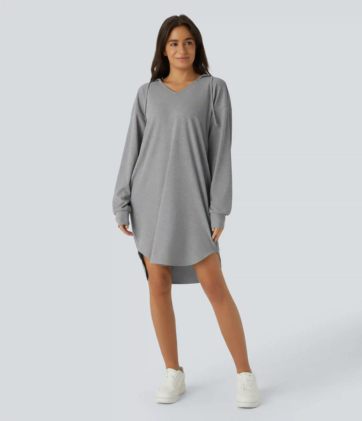 Drawstring Hooded Long Sleeve Pocket High Low Curved Hem Oversize Mini Waffle Casual Sweatshirt Dress