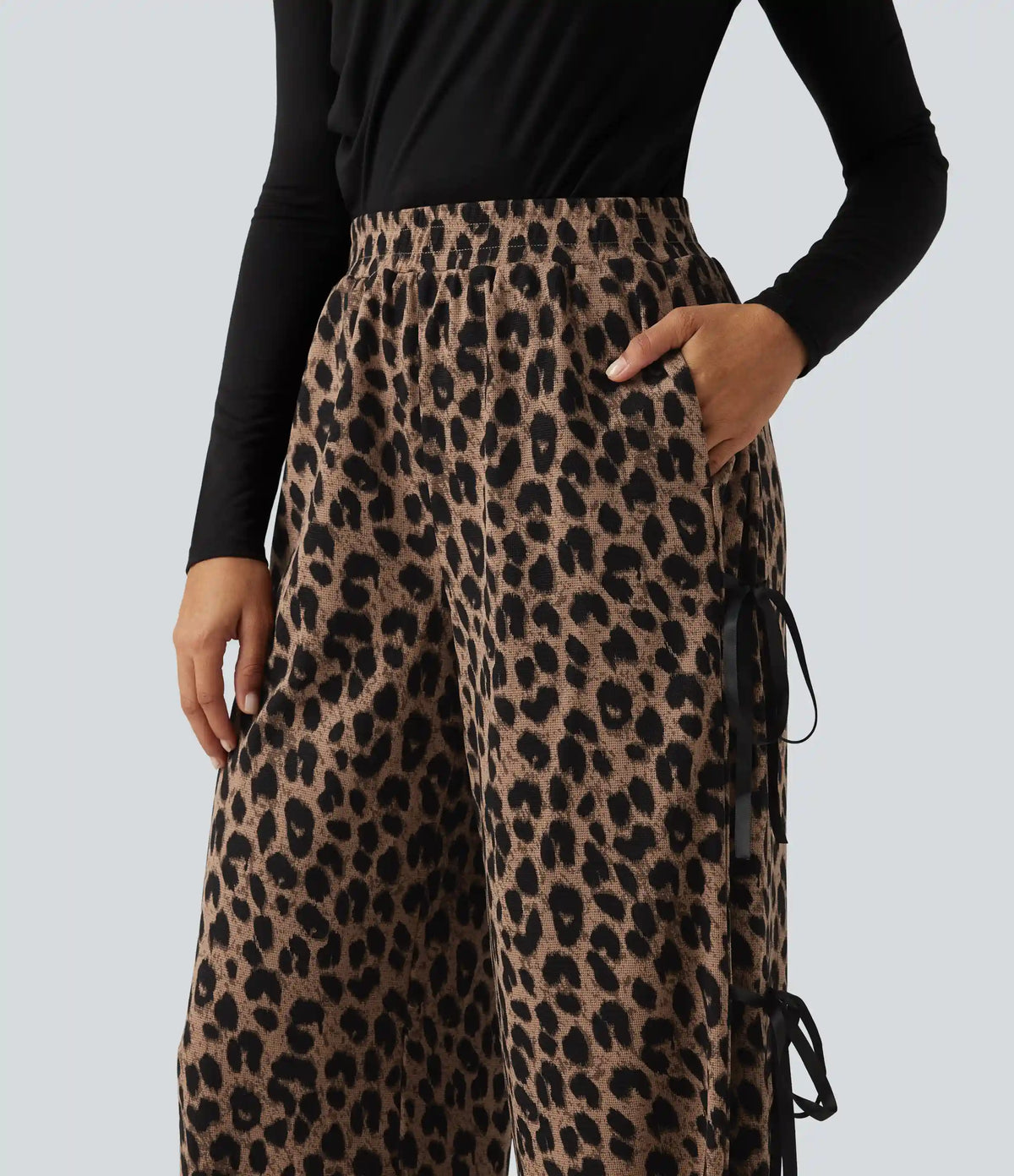 High Waisted Leopard Print Waffle Wide Leg Casual Pants with Pockets