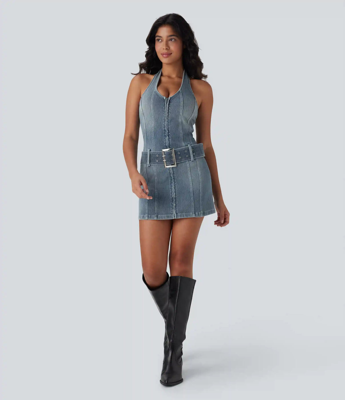 Halara Flex™ Halter Zipper Belted Bodycon Mini Washed Denim Casual Dress