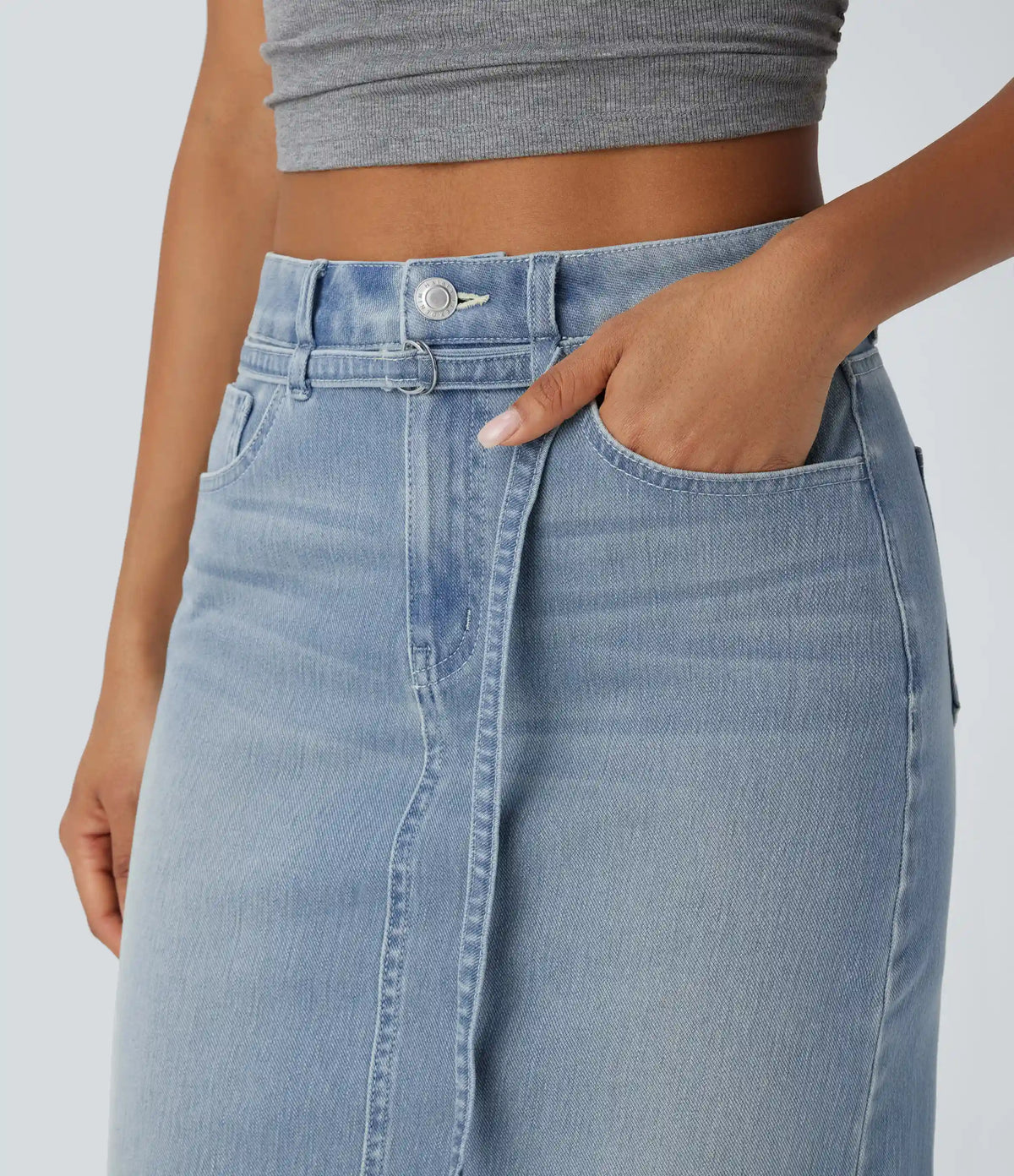 Halara Flex™ Mid Rise Zipper Pockets Washed Denim Midi Casual Skirt