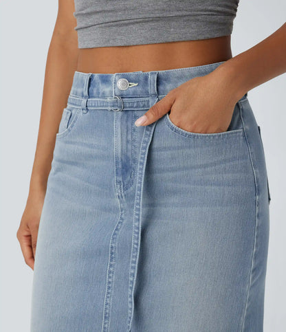 Halara Flex™ Mid Rise Zipper Pockets Washed Denim Midi Casual Skirt