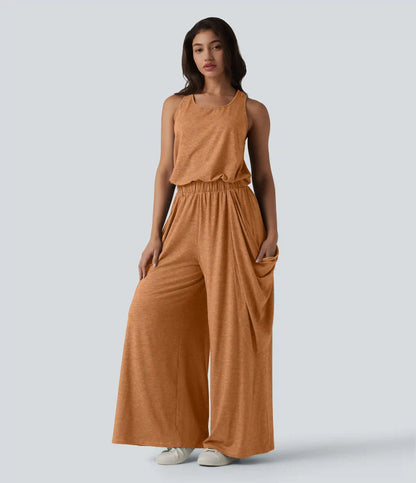 Sleeveless Cut Out Wide Leg Casual Jumpsuit with Pockets-Easy Peezy Edition