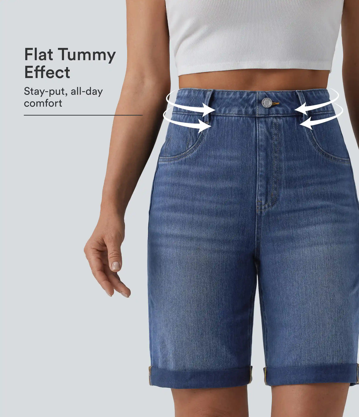 Halara Flex™ High Waisted Tummy Control Rolled Hem Washed Denim Casual Shorts with Pockets
