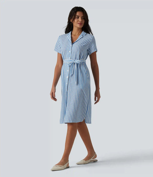 Collar Short Sleeve Belted Midi Stripe Linen-Feel Work Shirt Dress with Pockets