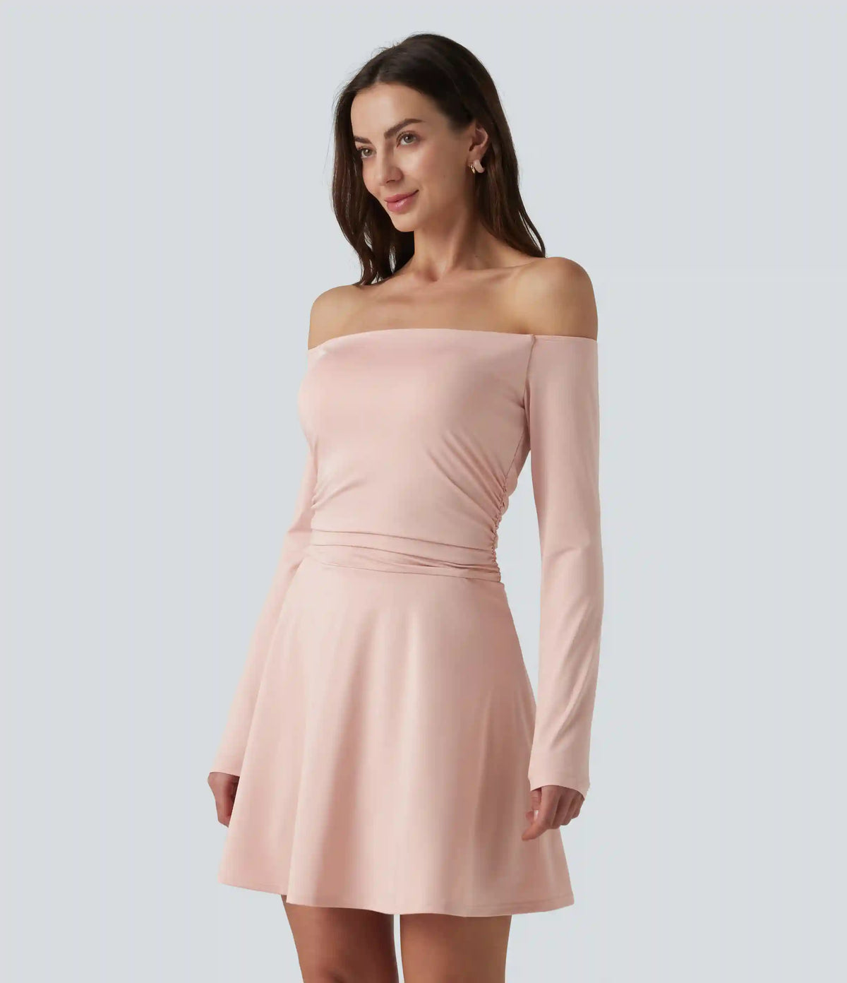 Off-shoulder Long Sleeve Ruched 2-in-1 Built-in Bra Casual Dress with Pocket-Easy Peezy