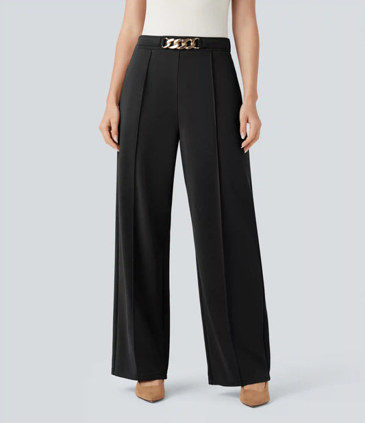 High Waisted Metal Chain Straight Leg Work Pants with Pockets