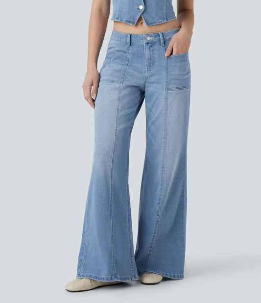 Halara Flex™ Low Rise Zipper Pockets Baggy Wide Leg Flare Washed Casual Jeans