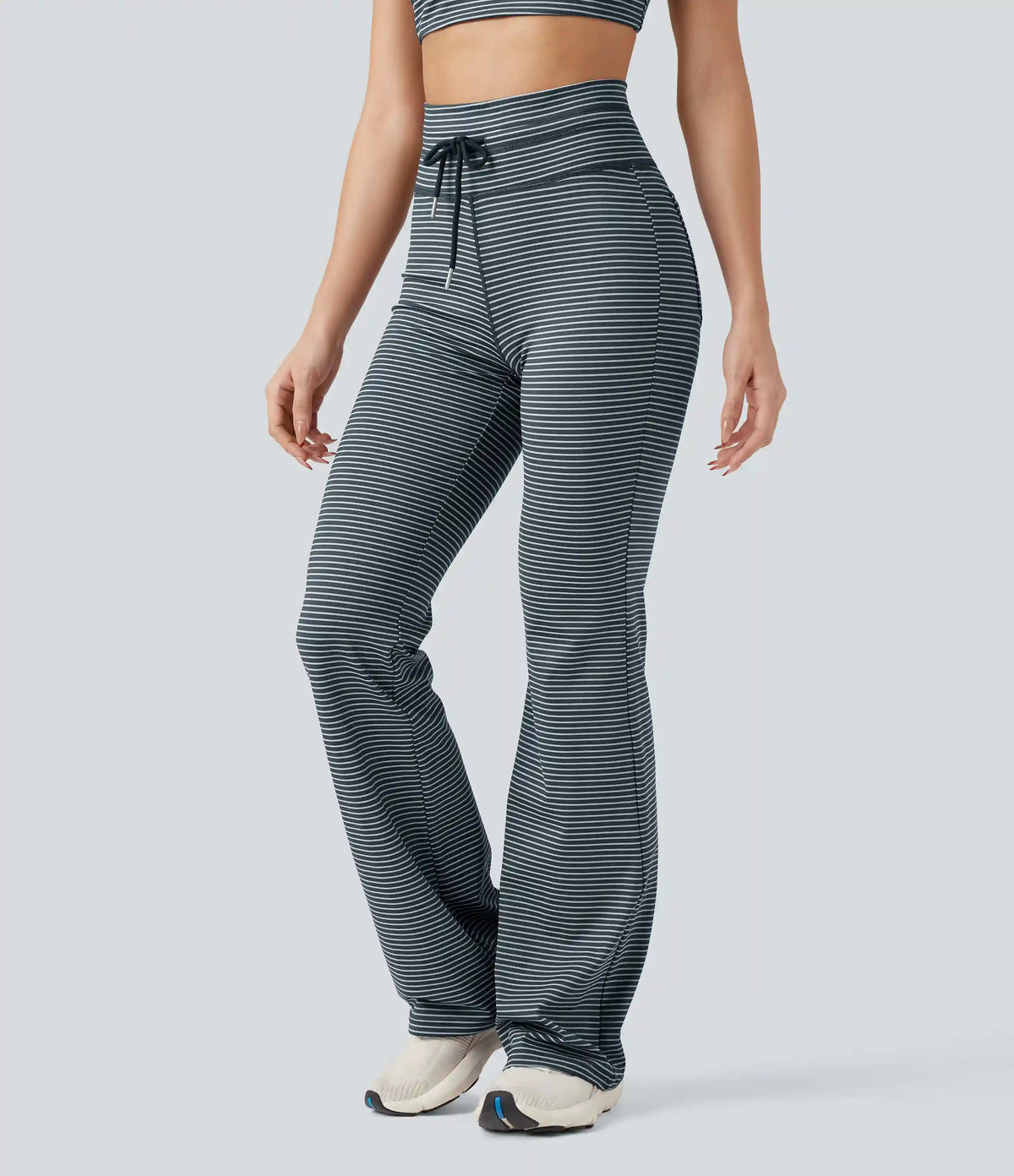 High Waisted Drawstring Stripe Flare Yoga Pants with Pockets