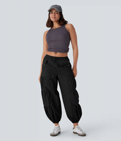 Mid Rise Drawstring Pocket Ruched Parachute Casual Cargo Baggy Joggers