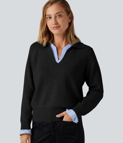 Collared V Neck Long Sleeve 2-in-1 Work Sweater