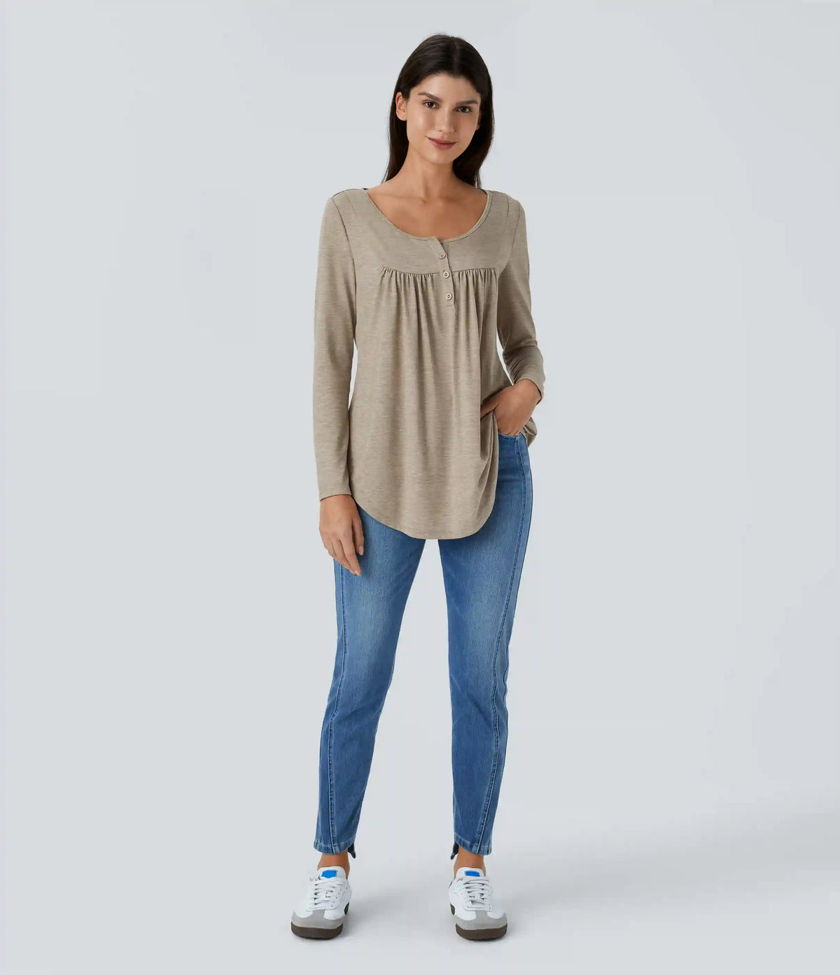 Round Neck Long Sleeve Curved Hem Casual Top