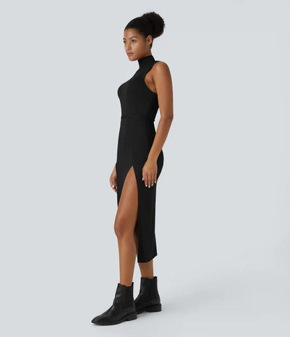 Ribbed Hooded High Neck Sleeveless Cut Out Tie Back 2-Piece Midi Casual Dress