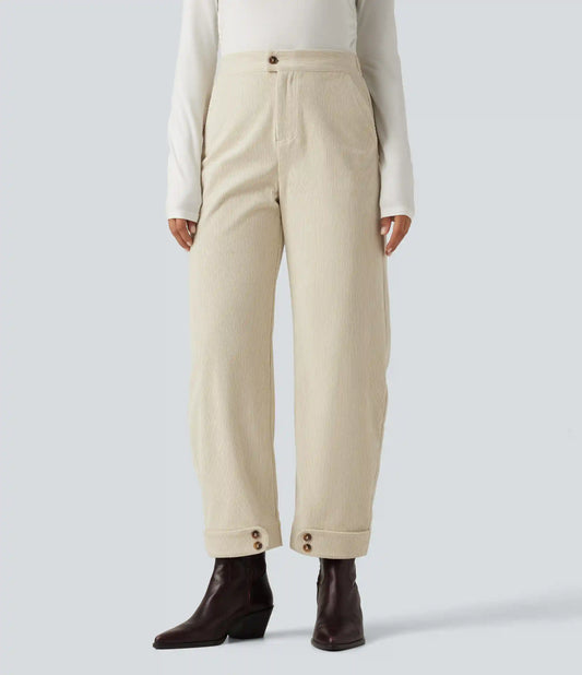 High Waisted Barrel Leg Corduroy Casual Pants with Pockets
