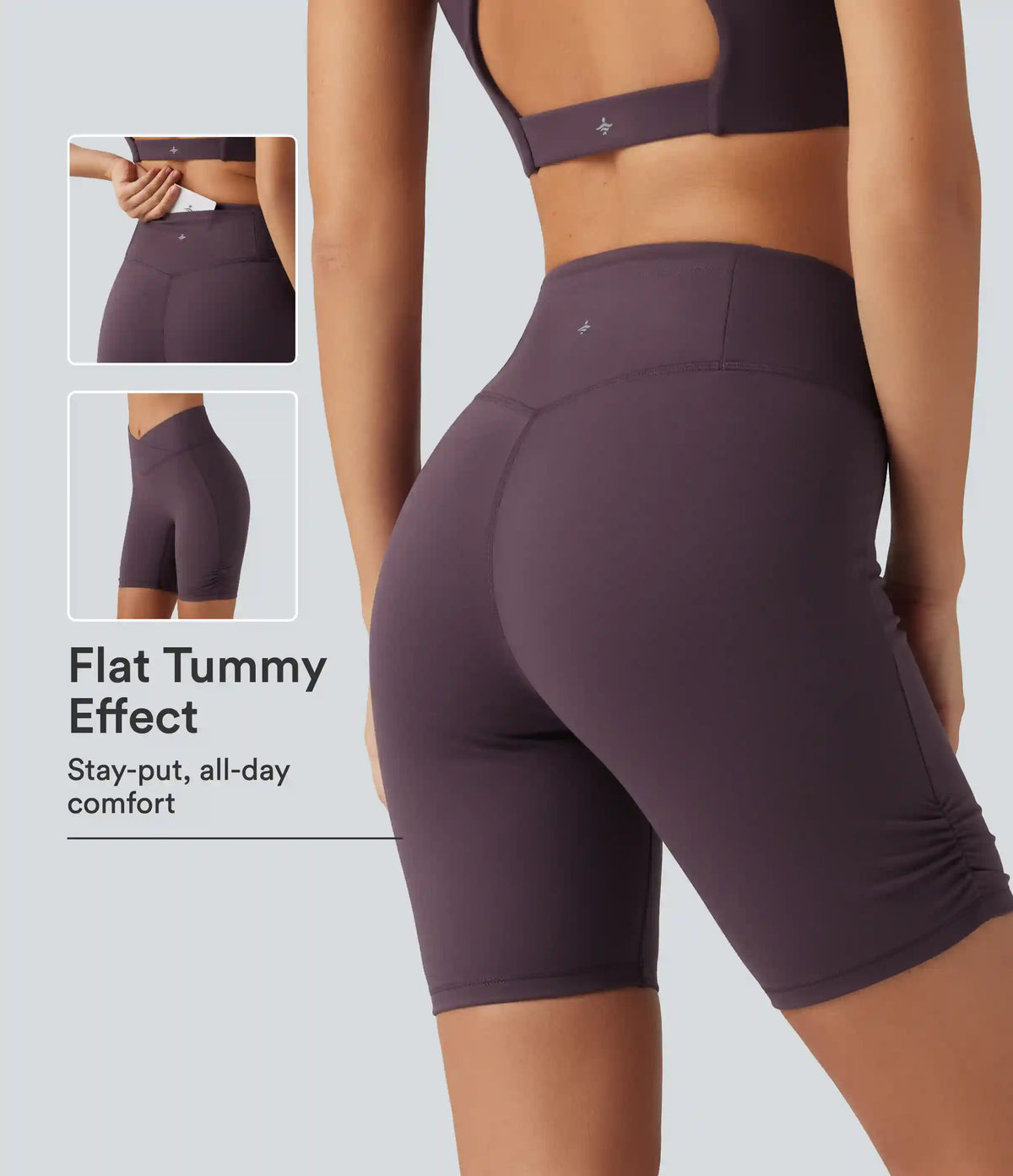 High Waisted Tummy Control Crossover Ruched Cycling Biker Shorts 7" with Pocket