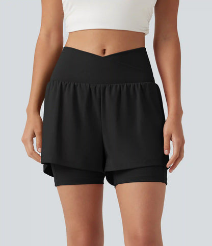 SoftlyZero™ Airy High Waisted Crossover 2-in-1 InstantCool Yoga Shorts 5'' with Pockets