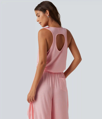 Sleeveless Cut Out Wide Leg Casual Jumpsuit with Pockets-Easy Peezy Edition