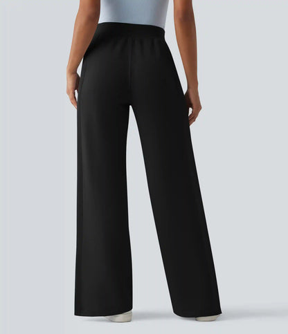 SpacerTek™ High Waisted Inner Drawstring Contrast Ribbed Split Casual Wide Leg Pants with Pockets