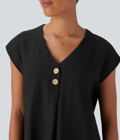 V Neck Cap Sleeve Decorative Work Blouse