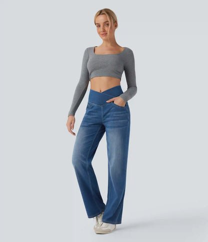 Halara Flex™ Crossover High Waisted Tummy Control Casual Straight Leg Jeans with Pockets