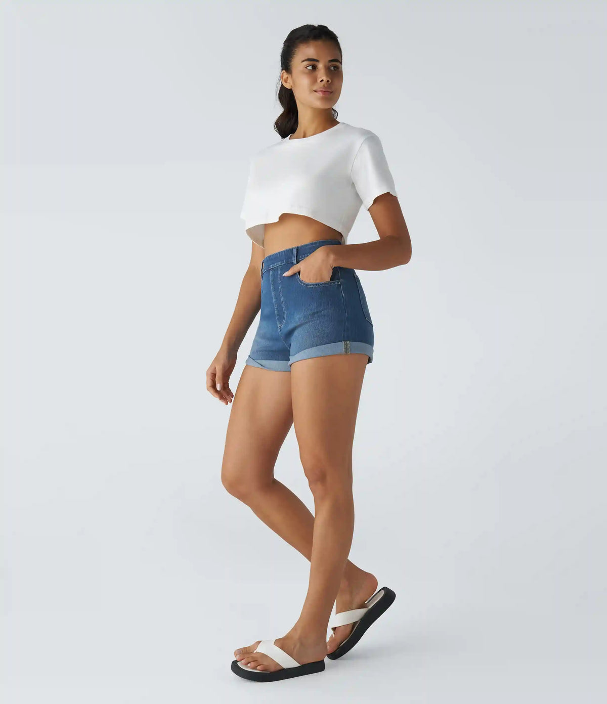 Halara Flex™ High Waisted Pockets Rolled Hem Washed Denim Casual Shorts