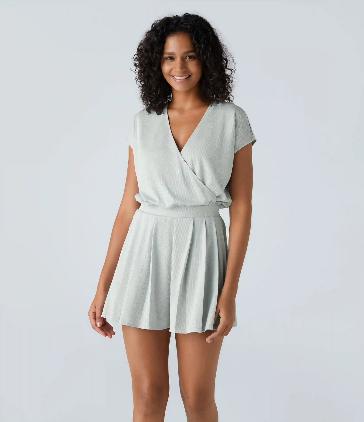 V Neck Short Sleeve Pocket Waffle Casual Romper