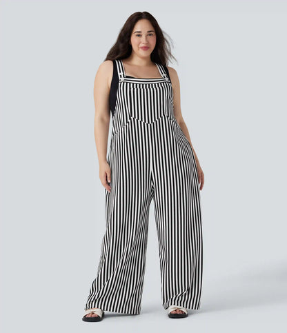 Plus Size Stripe Waffle Overalls with Pockets