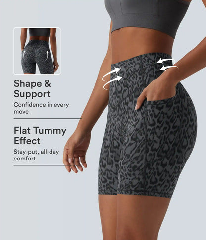 Halara UltraSculpt™ Leopard Print High Waisted Tummy Control Training Biker Shorts 7'' with Pockets