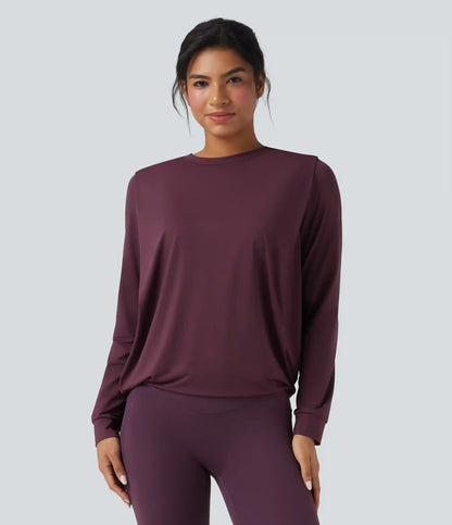 Round Neck Long Sleeve Ruched Yoga Sports Top-UPF50+