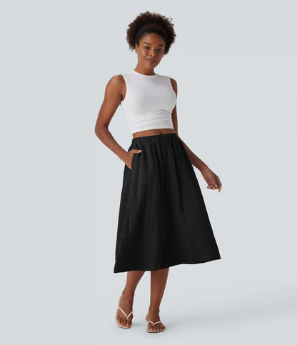 Mid Rise Wide Leg Flowy Linen-Feel Pants with Pocket