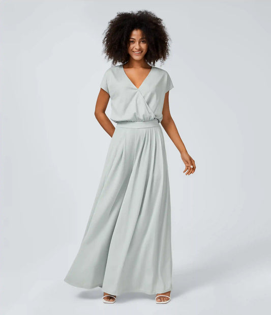 V Neck Short Sleeve Side Pocket Wide Leg Flowy Waffle Casual Jumpsuit