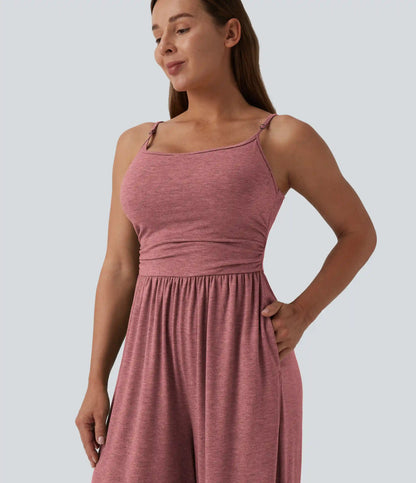 Adjustable Straps Ruched Wide Leg Heathered Casual Jumpsuit with Pockets-Easy Peezy