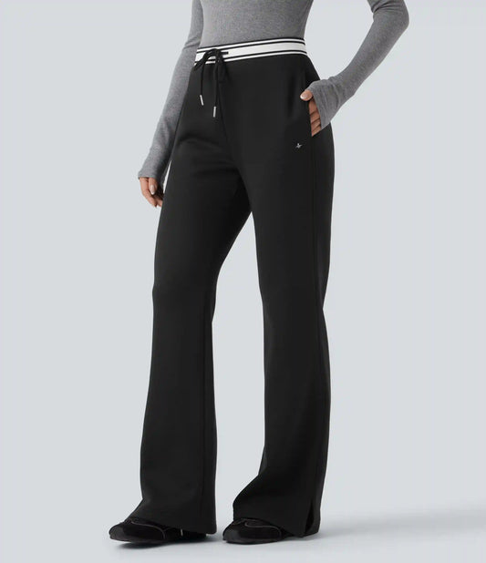 High Waisted Drawstring Color Block Split Hem Fleece Casual Cotton Flare Pants with Pockets