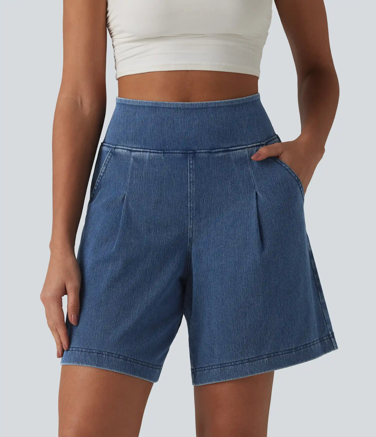 Halara Flex™ High Waisted Denim Casual Baggy Bermuda Shorts 7'' with Pockets