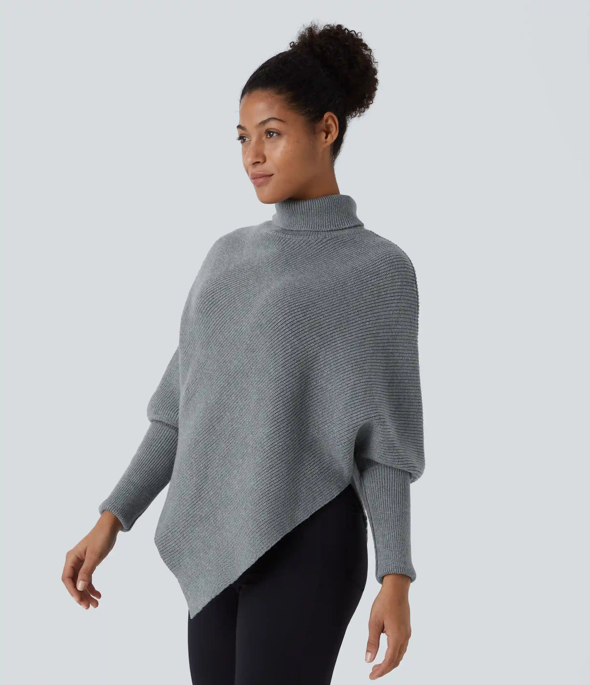 High Neck Long Sleeve Asymmetric Hem Work Sweater