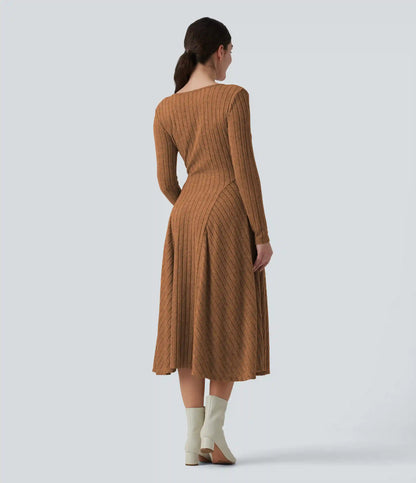 Ribbed Knit V Neck Long Sleeve Flare Midi Casual Dress with Pockets