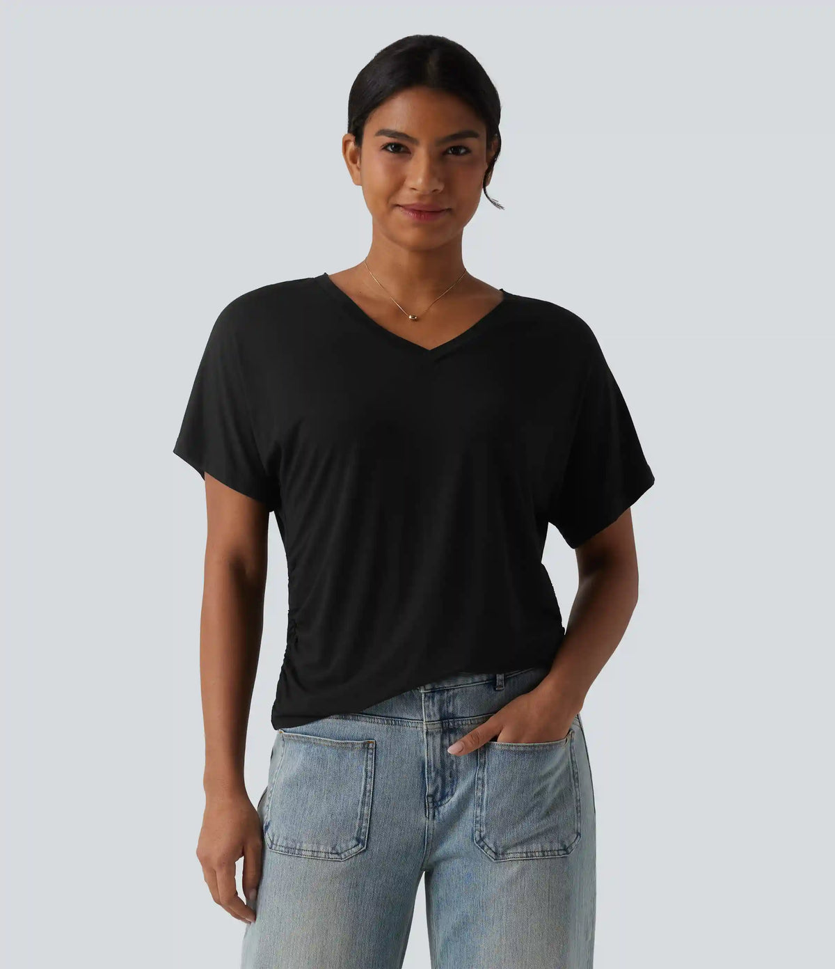 V-neck Short Sleeve Ruched Plain Casual T-Shirt