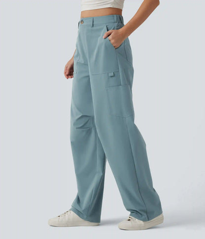 High Waisted Straight Leg Stretchy Poplin Casual Cargo Pants with Pockets