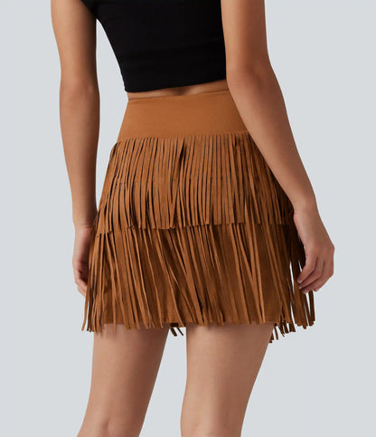 Crossover High Waisted 2-in-1 Fringe Hem Bodycon Mini Suede Party Skirt-Longer Length