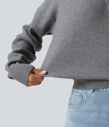 Round Neck Dropped Long Sleeve Color Block Work Sweater