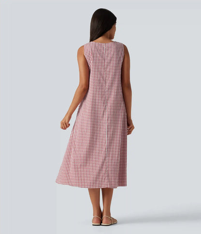 Round Neck Sleeveless Midi Crinkle Gingham Casual Tank Dress with Pockets