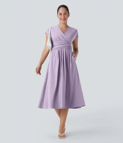 Breezeful™ V Neck Short Sleeve Pocket Tie Back Quick Dry Midi Casual Dress