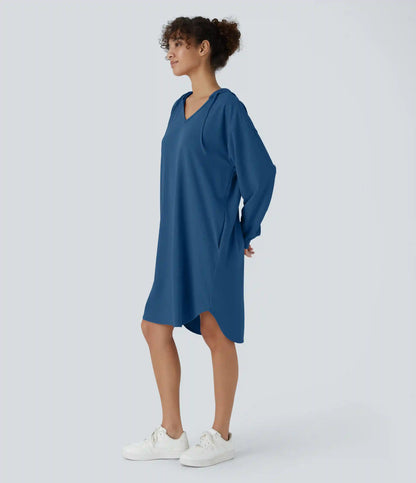 Drawstring Hooded Long Sleeve Pocket High Low Curved Hem Oversize Mini Waffle Casual Sweatshirt Dress